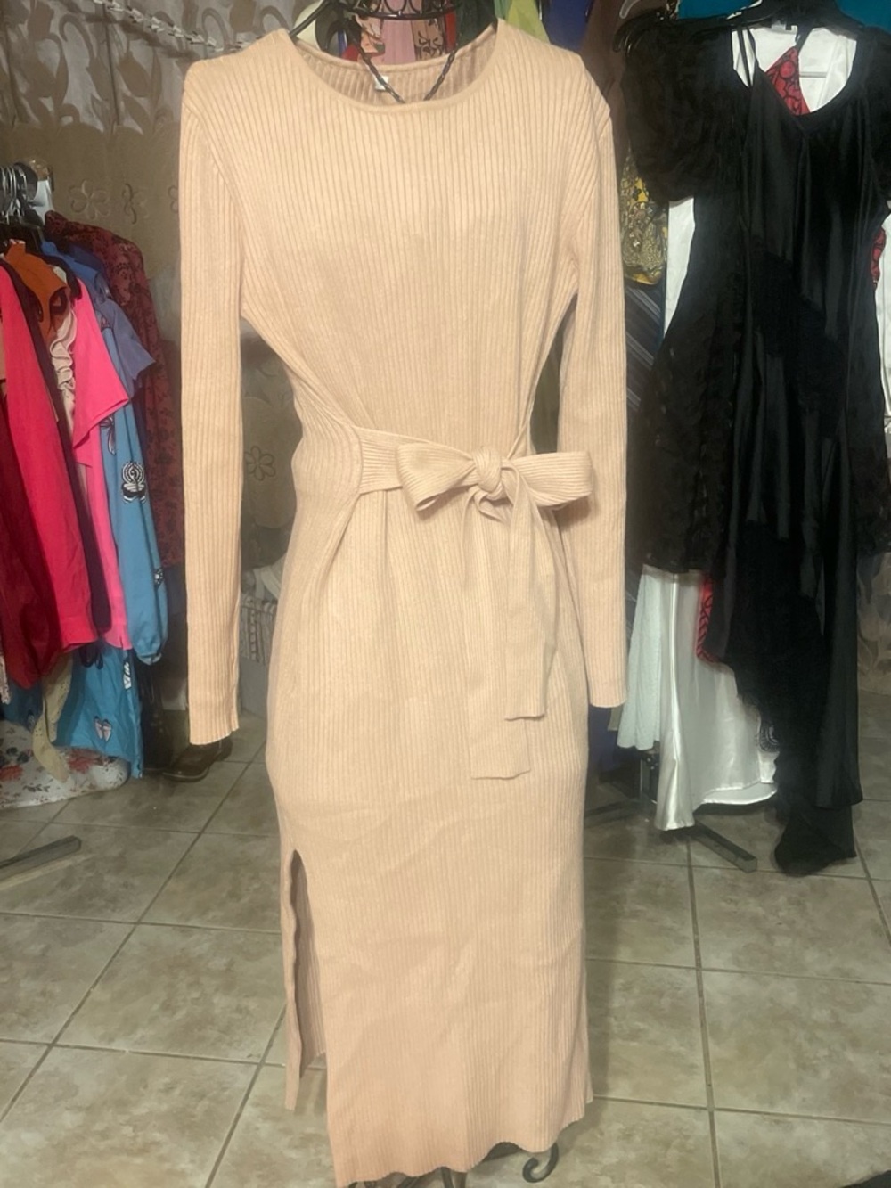 Ribbed Long Sleeve Midi Dress with Tie Waist - Blush